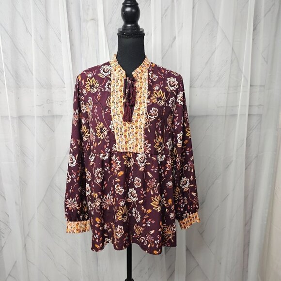 Dip Plum Orange Floral Boho Fairy Festival Peasant Blouse Size L - Picture 12 of 12